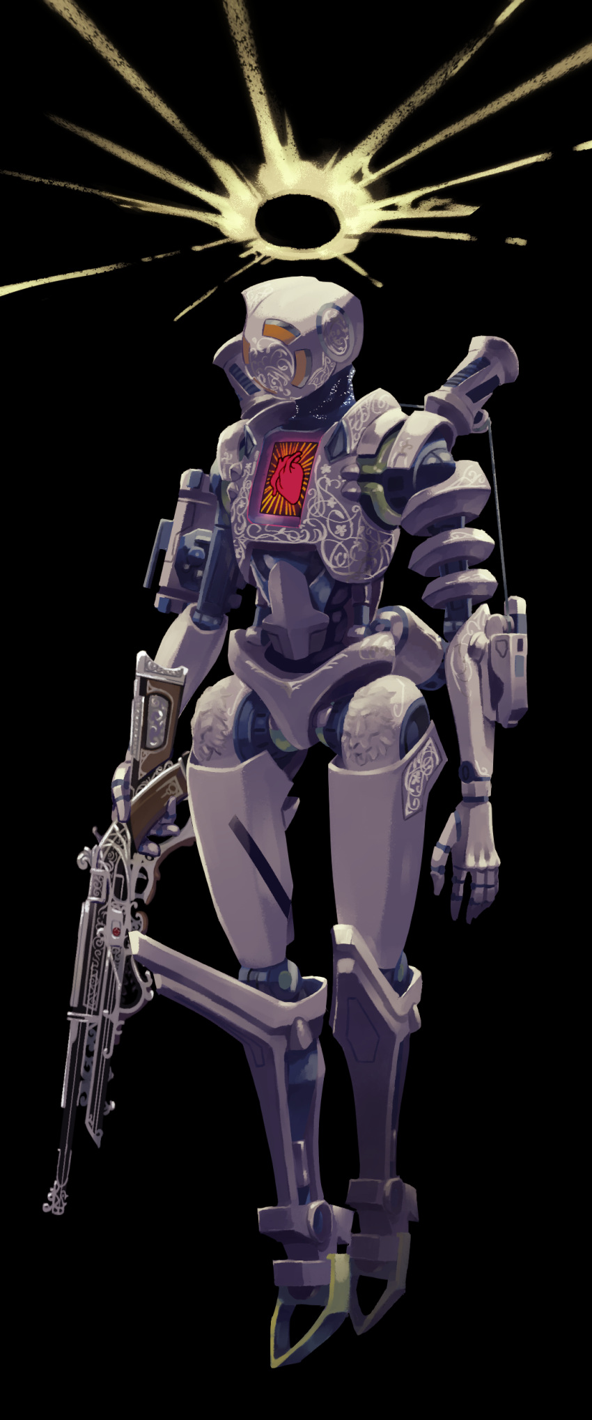 1boy 30-30_repeater absurdres apex_legends bad_id bad_pixiv_id black_background bug_(silkworm_hnw) floating gun halo highres holding holding_gun holding_weapon humanoid_robot looking_down male_focus no_humans open_hand pathfinder_(apex_legends) rifle robot science_fiction solo war_machine_pathfinder weapon