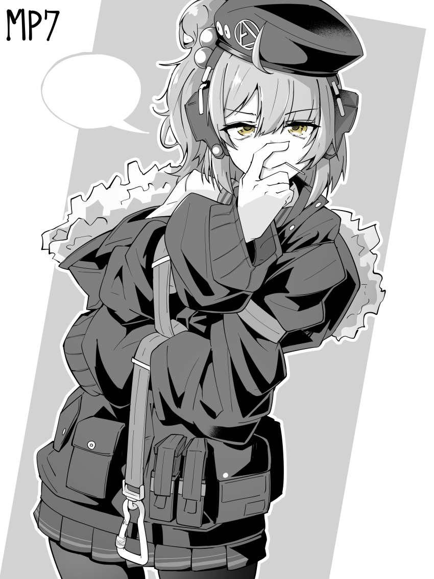 1girl absurdres ahoge beret candy character_name food food_in_mouth fur-trimmed_jacket fur_trim girls_frontline hand_on_own_face hat headphones highres jacket lollipop looking_at_viewer minami_shin_(zenshuu_bougyo) monochrome mp7_(girls'_frontline) pantyhose short_hair smile solo speech_bubble straight-on yellow_eyes