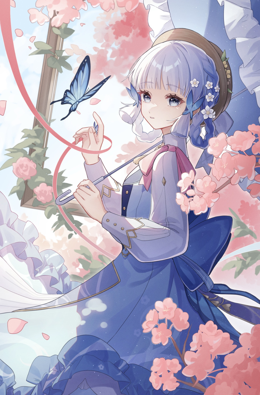 1girl absurdres back_bow blue_bow blue_eyes blue_hair bow brown_headwear bug butterfly butterfly_hair_ornament cherry_blossoms collar commentary flower genshin_impact hair_flower hair_ornament hair_up hana_(nemukunai87) hands_up highres holding holding_umbrella kamisato_ayaka kamisato_ayaka_(springbloom_missive) light_blue_hair long_sleeves looking_at_viewer mole mole_under_eye official_alternate_costume official_alternate_hairstyle pink_ribbon ribbon solo umbrella upper_body white_collar