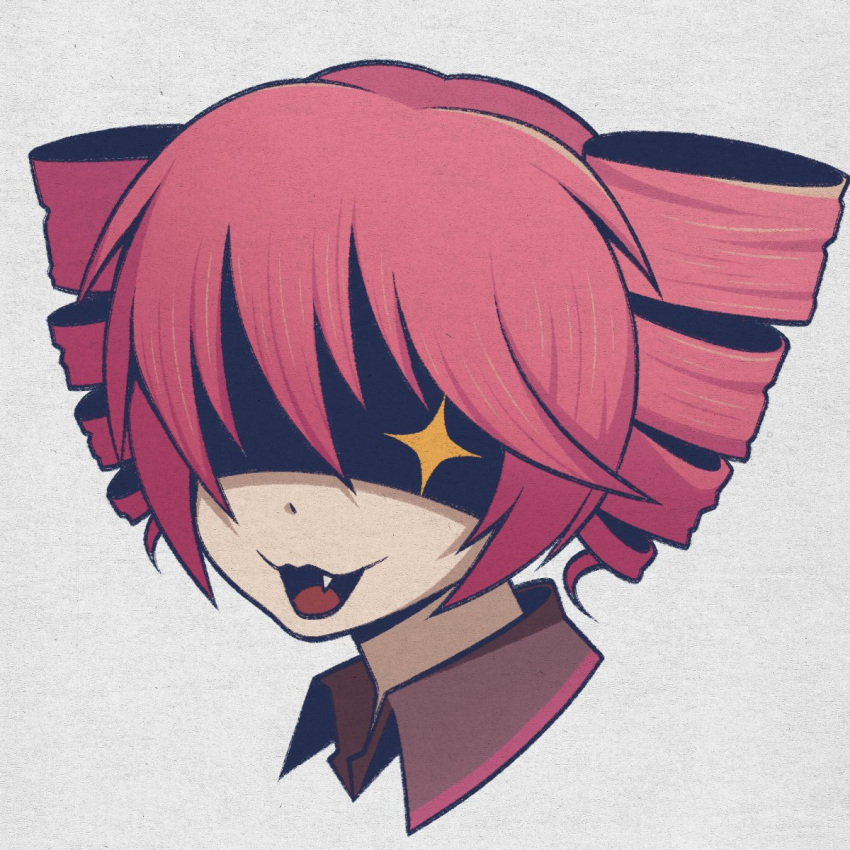 1girl :3 collared_shirt commentary cropped_head cryptidhermit drill_hair fang grey_background highres kasane_teto looking_at_viewer open_mouth redhead shaded_face shirt short_hair solo sparkling_eyes twin_drills utau