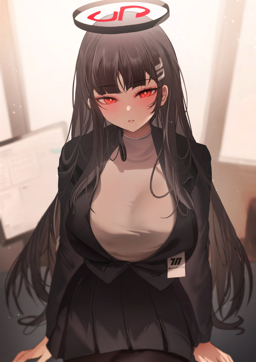 1girl absurdres black_hair black_jacket black_pantyhose black_skirt blue_archive blush breasts bright_pupils hair_ornament hairclip halo highres id_card jacket large_breasts long_hair looking_at_viewer pantyhose pleated_skirt red_eyes rio_(blue_archive) skirt solo sweater turtleneck turtleneck_sweater white_pupils white_sweater zerocat