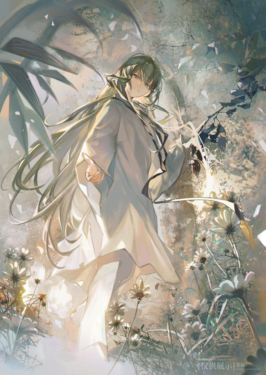 1other androgynous cangchen enkidu_(fate) fate/grand_order fate_(series) flower green_eyes green_hair highres long_hair looking_at_viewer outstretched_hand pants plant robe smile solo watermark white_pants white_robe