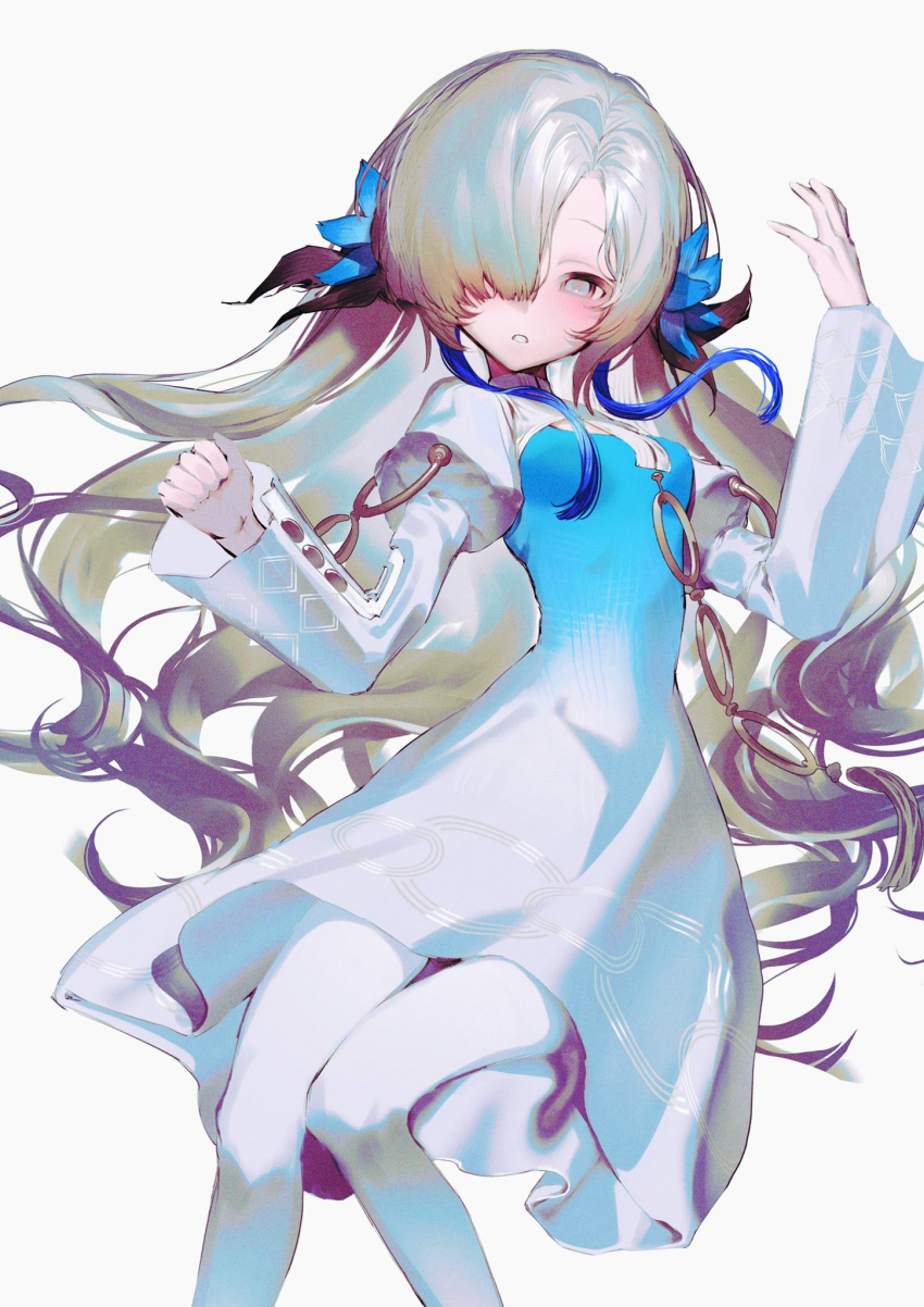 +9_(181b39_) 1girl blue_dress blue_flower blue_hair blush breasts dress flower grey_eyes grey_hair hair_flower hair_ornament hair_over_one_eye highres isekai_joucho kamitsubaki_studio long_hair looking_at_viewer multicolored_hair pantyhose parted_lips simple_background small_breasts solo two-tone_dress two-tone_hair very_long_hair virtual_youtuber white_background white_dress white_pantyhose