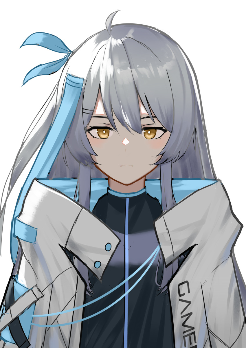 1girl absurdres acacia_(snowbreak) acacia_-_kaguya_(snowbreak) ahoge alternate_costume blue_bow bow bright_pupils closed_mouth clothes_writing expressionless grey_hair hair_ornament highres jacket long_hair looking_at_viewer open_clothes ribbon snowbreak:_containment_zone solo user_prr0022 white_background white_jacket white_pupils yellow_eyes