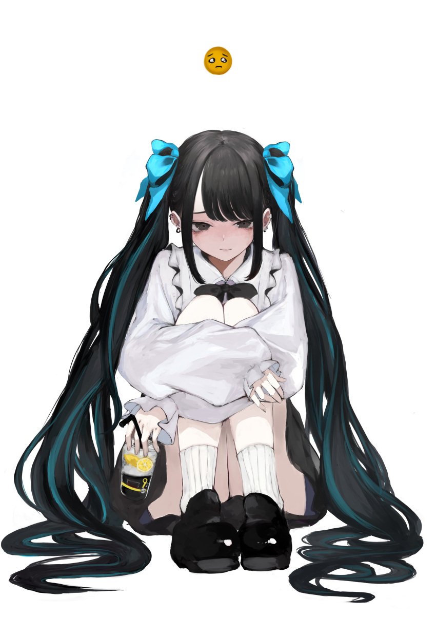 1girl absurdres ankle_socks bags_under_eyes beer_can black_bow black_bowtie black_footwear black_hair blue_hair blue_ribbon bow bowtie brown_eyes can closed_mouth collared_shirt drink_can drinking_straw earclip earrings emoji frilled_shirt frilled_sleeves frills full_body hair_ribbon highres holding holding_can hoop_earrings hugging_own_legs jewelry knees_up loafers long_hair looking_at_viewer multicolored_hair multiple_earrings original parted_bangs pink_lips pleading_face_emoji ribbon shirt shoes sidelocks simple_background sitting sleeves_past_wrists socks solo streaked_hair striped_clothes striped_socks stud_earrings suzukano_pon swept_bangs twintails twintails_day vertical-striped_clothes vertical-striped_socks very_long_hair white_background white_shirt white_socks