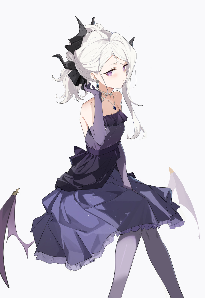 1girl absurdres bare_shoulders black_horns blue_archive chenmu_sora closed_mouth demon_girl demon_horns demon_wings dress earrings elbow_gloves evening_gown feet_out_of_frame gloves grey_hair halo hand_up highres hina_(blue_archive) hina_(dress)_(blue_archive) horns invisible_chair jewelry long_hair looking_at_viewer multiple_horns necklace official_alternate_costume official_alternate_hairstyle pantyhose purple_dress purple_gloves purple_pantyhose simple_background sitting solo strapless strapless_dress violet_eyes white_background wings
