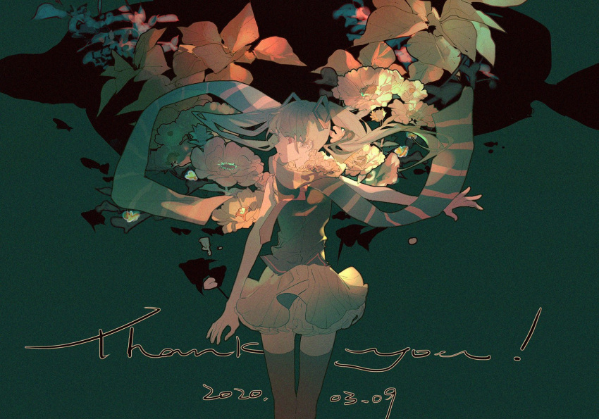 1girl bare_arms black_footwear black_thighhighs blue_hair blue_scarf cowboy_shot dated english_text floating_hair floral_background flower frilled_skirt frills green_background green_skirt hair_ornament hatsune_miku highres leaf lobelia_(saclia) long_hair looking_to_the_side miniskirt outstretched_arm parted_lips pink_eyes red_flower scarf shirt skirt sleeveless sleeveless_shirt solo striped_clothes striped_scarf thank_you thigh-highs twintails vocaloid white_flower zettai_ryouiki