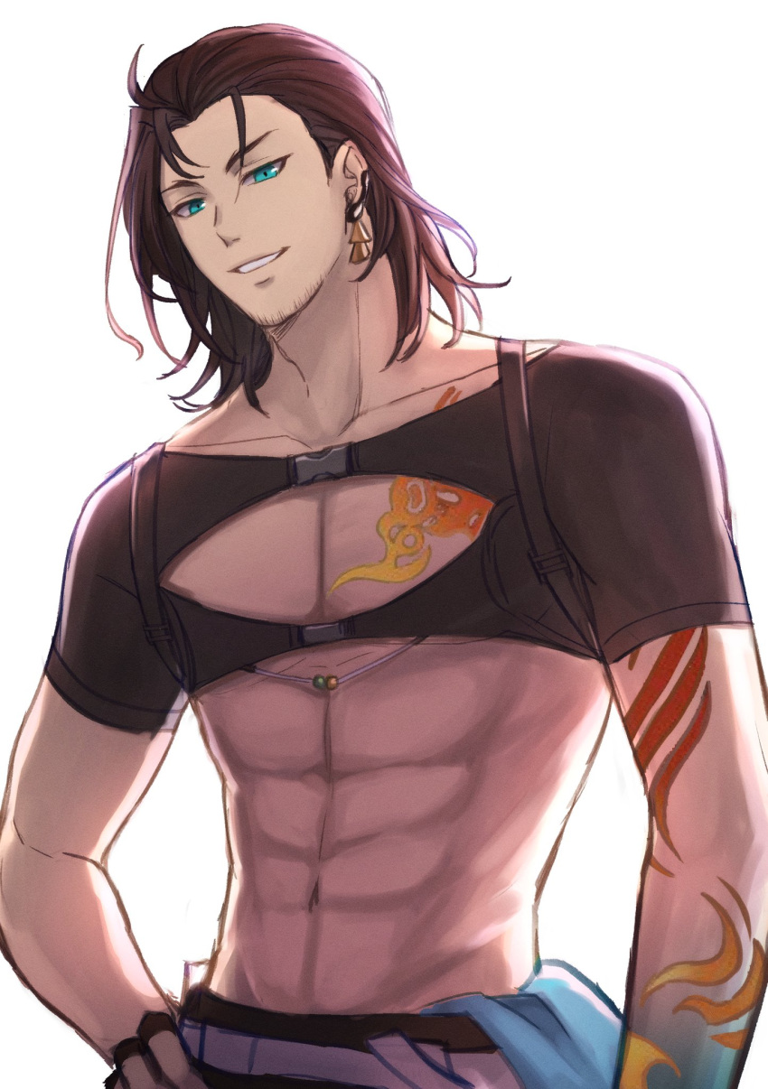 1boy abs arm_tattoo beard_stubble black_hair blue_eyes chest_tattoo collarbone earrings facial_hair fingerless_gloves gloves hair_between_eyes hand_on_own_hip highres holostars holostars_english jewelry josuiji_shinri looking_at_viewer male_focus silverfeather00 smile snap-fit_buckle solo stubble tattoo toned toned_male upper_body virtual_youtuber white_background