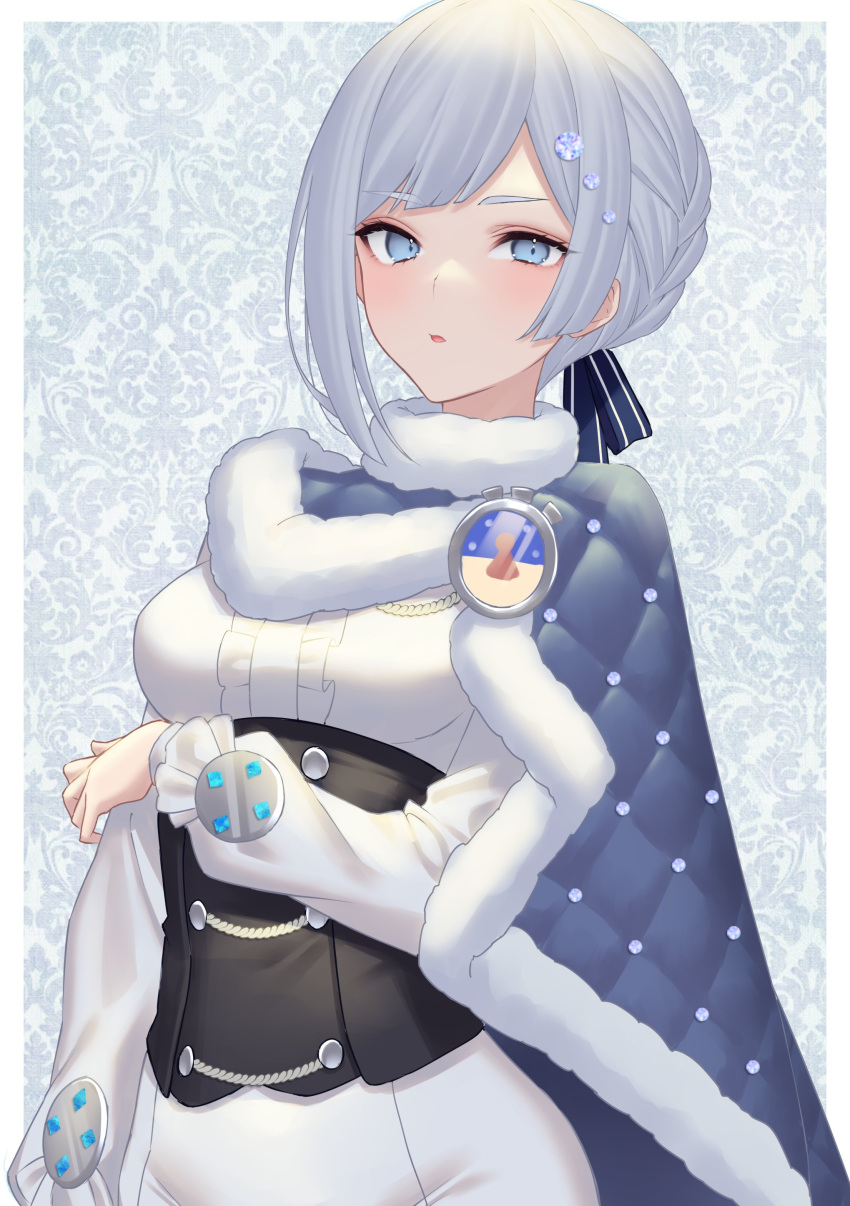 1girl absurdres akershus_fortress_(oshiro_project) badge black_corset blue_bow blue_cape blue_cloak blue_eyes blush bow braid breasts cape center_frills cloak corset fluff frilled_shirt frills fur-trimmed_cape fur-trimmed_cloak fur_trim grey_hair hair_bow hair_ornament highres long_sleeves looking_at_viewer oshiro_project:re padded_cloak puffy_long_sleeves puffy_sleeves sakura_shiho shirt solo striped_bow white_shirt