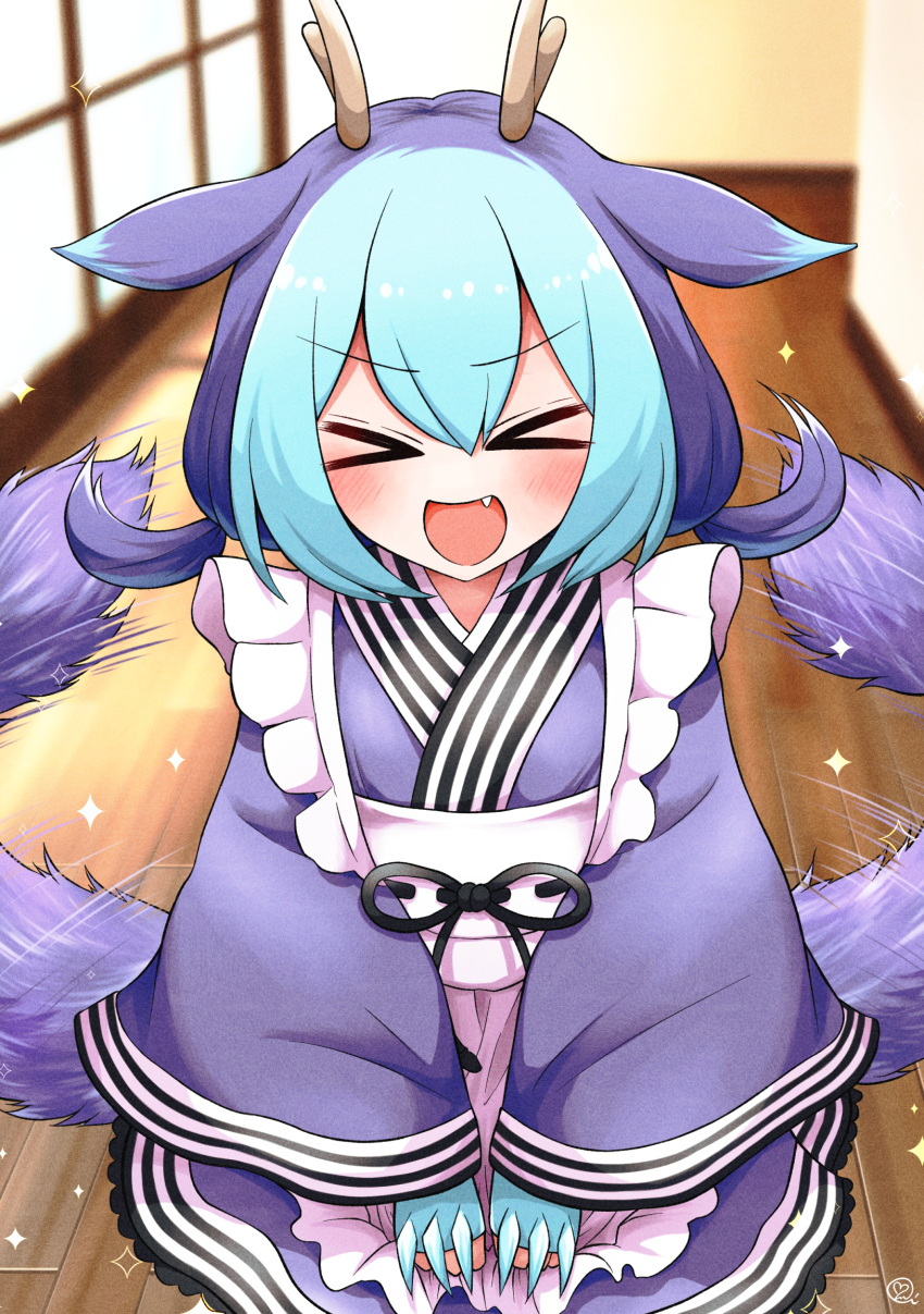 &gt;o&lt; apron artist_name blue_hair blush claws closed_eyes dragon_girl dragon_horns dragon_tail dress duel_monster fang hands_on_lap highres horns kneeling laundry_dragonmaid maid maid_apron motion_lines open_mouth purple_dress purple_hair scavia10 sparkle tail tail_wagging wooden_floor yu-gi-oh!