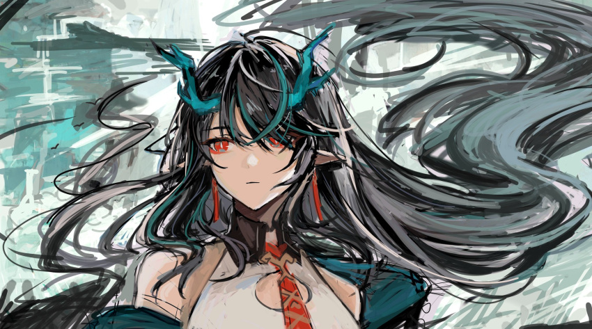 arknights black_hair bright_pupils closed_mouth dragon_girl dragon_horns dusk_(arknights) earrings green_horns highres horns jewelry long_hair looking_to_the_side pointy_ears portrait red_eyes very_long_hair weeiskaw white_pupils
