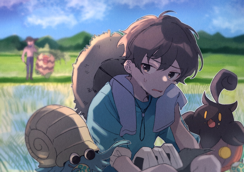 1boy 1other amamiya_hibiya aqua_shirt blue_pants blue_sky blurry blurry_background brown_eyes brown_hair brown_headwear child clouds commentary_request crops crossover field hair_between_eyes hat hat_on_back highres holding_cloth kagerou_project looking_to_the_side ludicolo male_focus mokemoke_chan mountainous_horizon omanyte outdoors pants parted_lips pokemon pokemon_(creature) pumpkaboo rice_(plant) rice_paddy shirt short_hair short_sleeves sky solo_focus standing straw_hat sweat t-shirt upper_body wiping_sweat