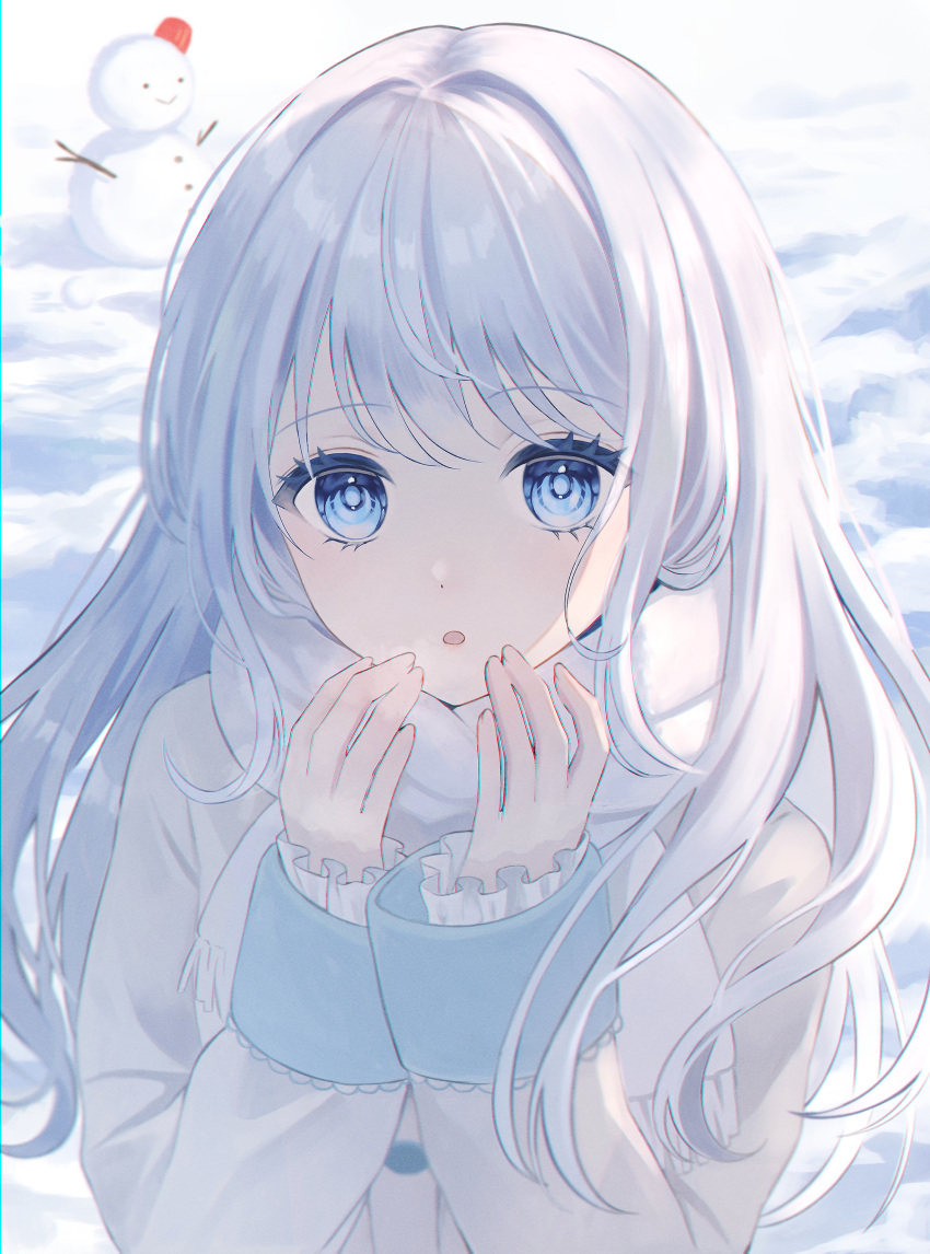 1girl absurdres blue_eyes breath frills grey_jacket hands_up highres jacket long_hair long_sleeves looking_at_viewer open_mouth original outdoors ruruka_003 scarf snow snowman solo upper_body white_hair white_scarf