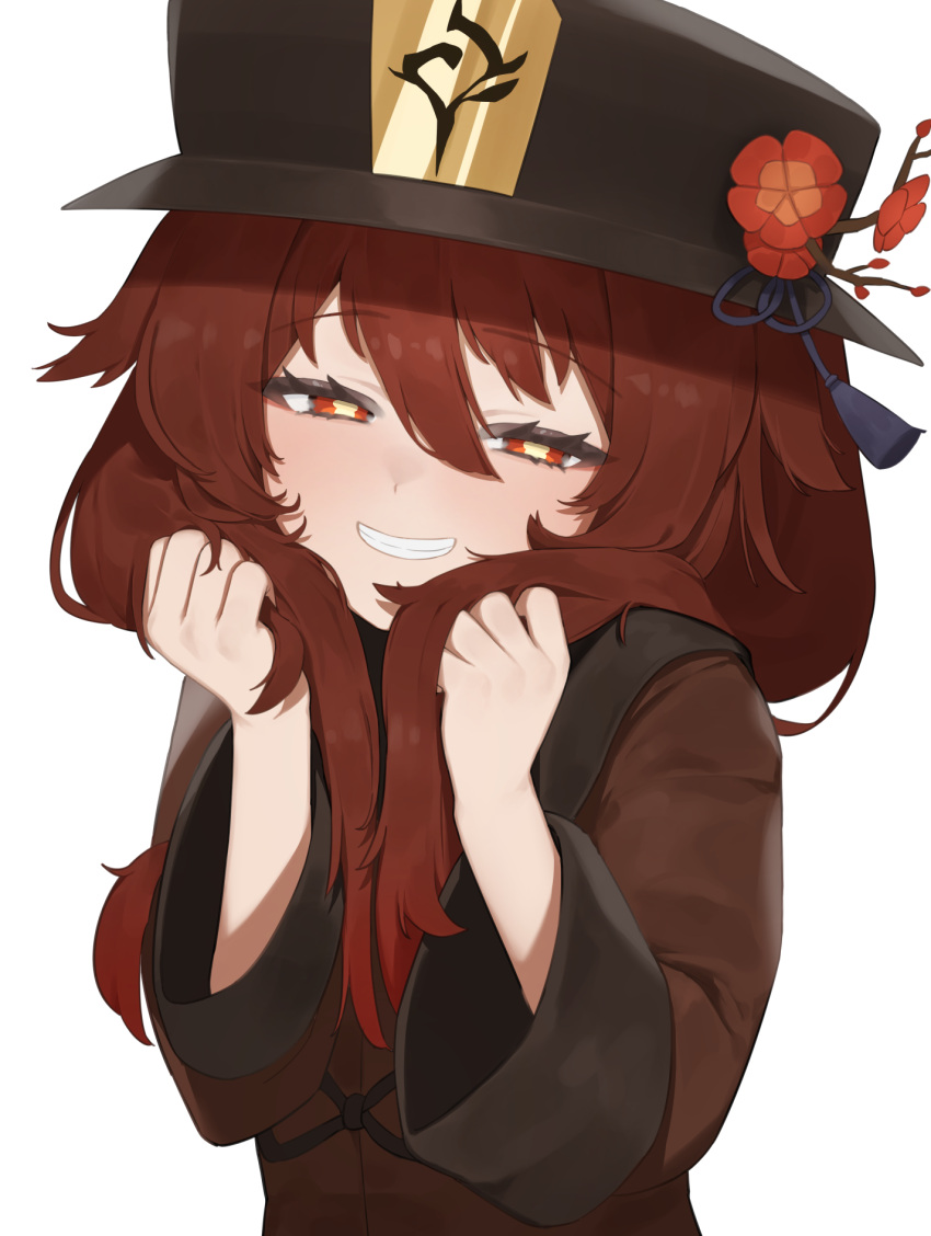 1girl black_headwear blush brown_eyes brown_hair commentary eyelashes flasso flower genshin_impact grin hair_between_eyes half-closed_eyes hands_up hat hat_flower highres holding holding_hair hu_tao_(genshin_impact) long_hair long_sleeves looking_at_viewer red_flower simple_background smile solo tsurime twintails upper_body white_background wide_sleeves