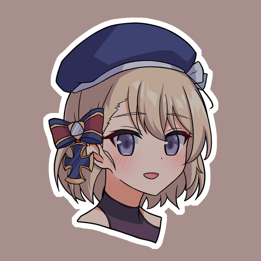 1girl :d azur_lane beret blue_headwear blush bow brown_background brown_hair commentary_request cross hair_between_eyes hair_bow hat hat_bow highres iron_cross looking_at_viewer outline portrait rock_zinc simple_background smile solo striped_bow violet_eyes white_bow white_outline z23_(azur_lane)