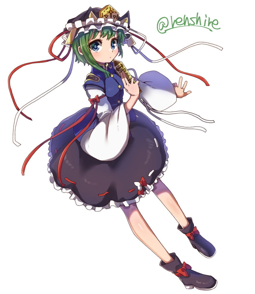 1girl asymmetrical_hair black_footwear black_skirt commentary frilled_hat frills full_body green_eyes green_hair hat hat_ribbon highres long_sleeves looking_at_viewer one-hour_drawing_challenge renshirenji ribbon ribbon-trimmed_skirt ribbon_trim rod_of_remorse shiki_eiki short_hair simple_background skirt solo touhou twitter_username white_background wide_sleeves