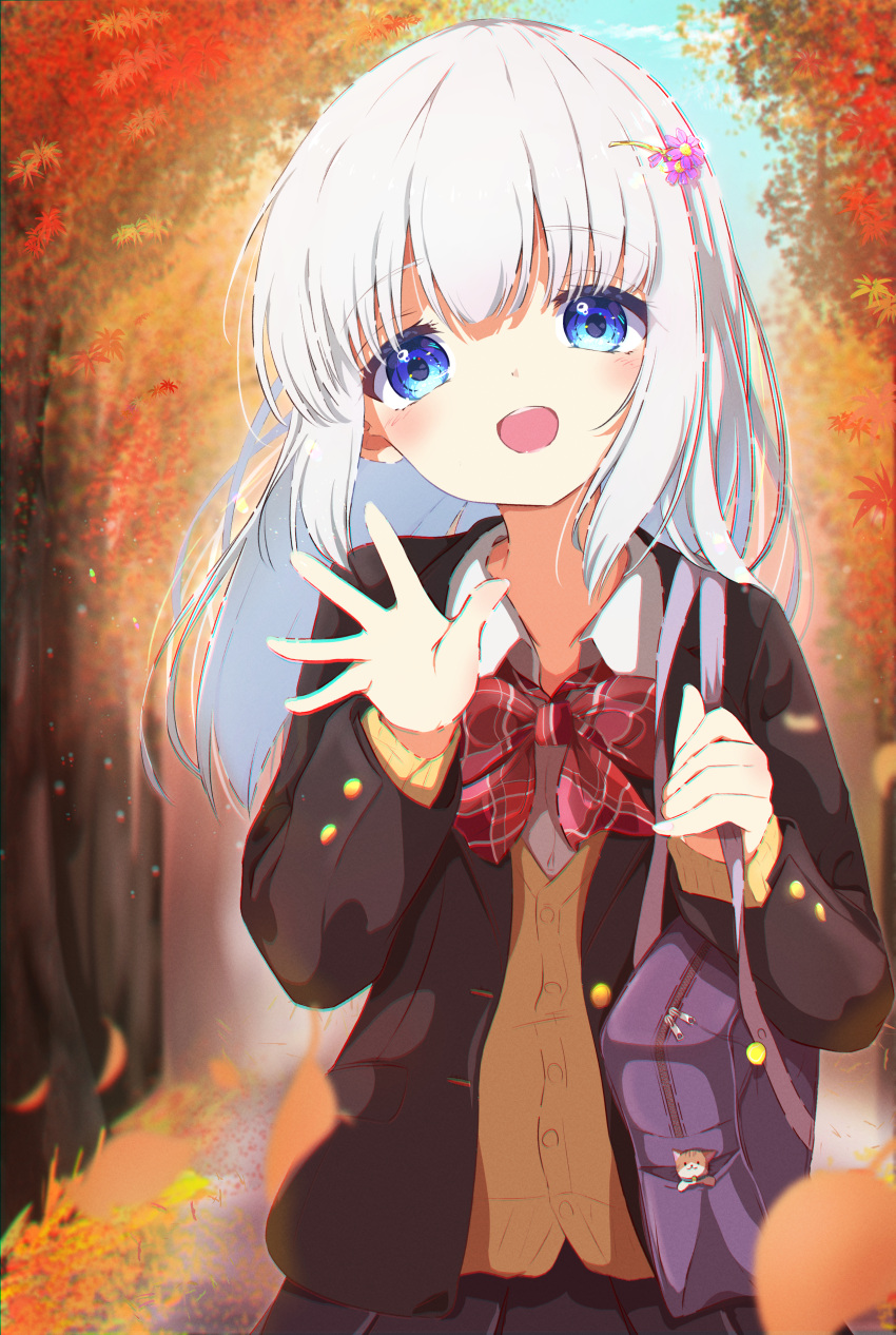 1girl absurdres autumn autumn_leaves bag black_jacket black_skirt blue_eyes blunt_bangs bow bowtie brown_vest charm_(object) collared_shirt falling_leaves fleina_note flower hair_flower hair_ornament hairclip hand_up highres holding_strap jacket leaf long_hair long_sleeves looking_at_viewer nature open_hand open_mouth original outdoors plaid plaid_bow pleated_skirt red_bow red_bowtie school_bag school_uniform shirt shoulder_bag skirt smile solo tareme tree vest waving white_hair white_shirt winter_uniform