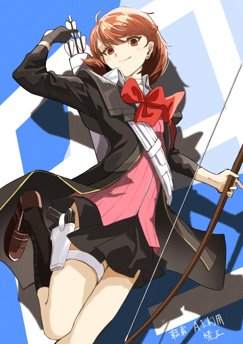 1girl absurdres arm_up arrow_(projectile) asagao_21 black_gloves black_jacket black_skirt black_socks bow bow_(weapon) bowtie brown_eyes brown_footwear brown_hair cardigan choker closed_mouth collared_shirt earrings evoker foot_out_of_frame foot_up gekkoukan_high_school_uniform gloves hand_up highres holding holding_arrow holding_bow_(weapon) holding_weapon jacket jewelry light_blush looking_at_viewer miniskirt open_clothes open_jacket persona persona_3 persona_3_reload pink_cardigan pleated_skirt red_bow red_bowtie school_uniform shirt short_hair single_glove skirt smile socks solo stud_earrings swept_bangs takeba_yukari thigh_strap tongue tongue_out weapon white_choker white_shirt