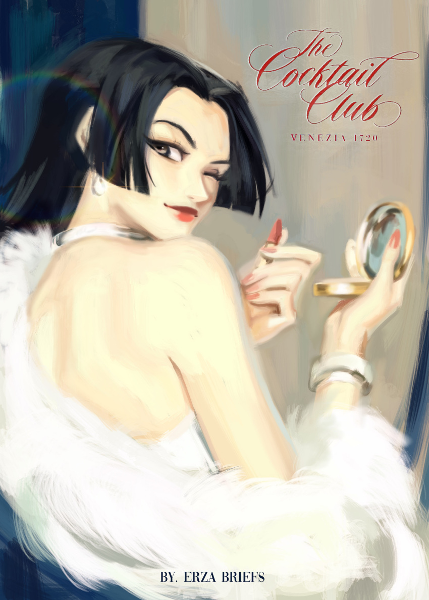 1girl absurdres artist_name back backless_dress backless_outfit black_hair boa_hancock dress earrings english_commentary erza_briefs highres hime_cut holding holding_mirror jewelry long_hair looking_at_viewer looking_back mirror one_eye_closed one_piece pink_nails red_lips smile solo white_dress