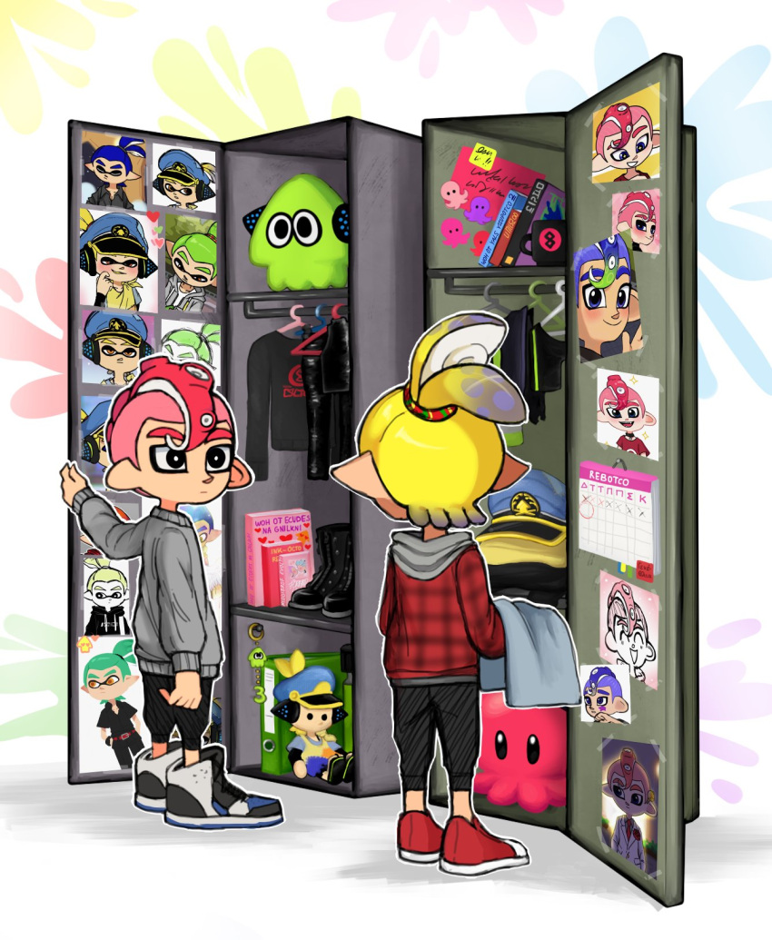 2boys :d agent_3_(splatoon) agent_8_(splatoon) black_eyes black_footwear black_hoodie black_pants black_shirt black_sweater blonde_hair blue_headwear blush book calendar_(object) closed_eyes clothes_hanger commentary cup english_commentary from_behind grey_sweater heart high-visibility_vest high_ponytail highres hood hoodie inkling_boy inkling_player_character jacket locker looking_at_another looking_back looking_down mug multiple_boys octoling_boy octoling_player_character pants photo_(object) plaid plaid_jacket red_footwear redhead shirt shoes shorts smile sneakers splatoon_(series) stuffed_toy suction_cups suit sweater tentacle_hair unamused white_suit yurami18