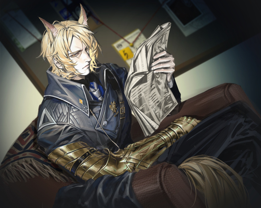 1boy absurdres animal_ears arknights black_coat black_pants bucky883 closed_mouth clue_(arknights) coat crossed_legs frown gauntlets grey_necktie highres holding holding_newspaper horse_boy horse_ears horse_tail indoors looking_at_viewer male_focus medal mlynar_(arknights) necktie newspaper on_chair pants reading short_hair single_gauntlet sitting solo tail yellow_eyes
