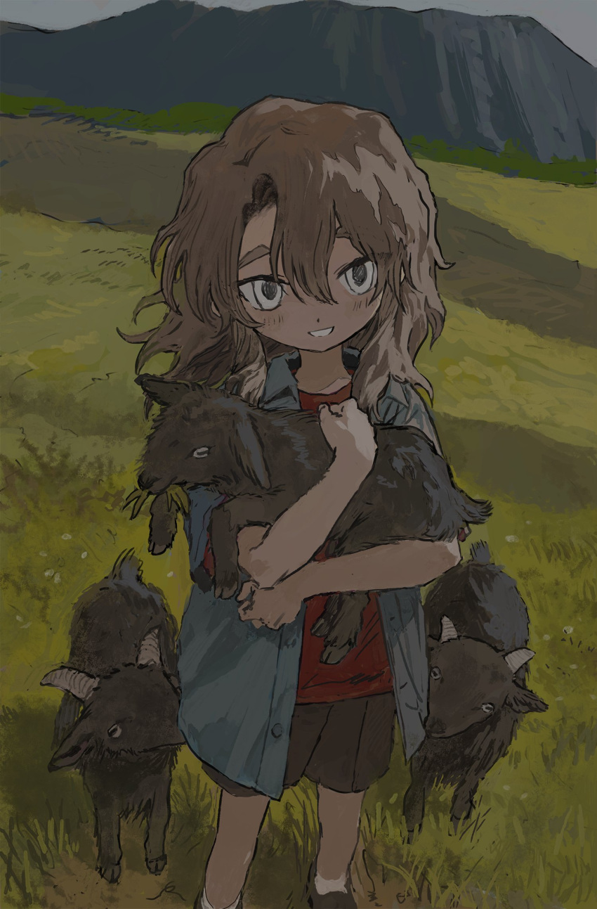 1girl animal brown_hair brown_shorts day feet_out_of_frame goat grass grey_shirt hair_between_eyes highres holding holding_animal long_hair looking_at_viewer meadow mountain namoku_(namottttt) open_clothes open_shirt original outdoors parted_lips red_shirt shirt short_sleeves shorts smile solo standing