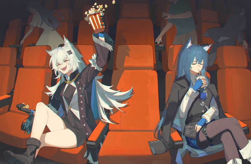 2boys 3girls ahoge animal_ear_fluff animal_ear_piercing animal_ears arknights arm_rest arm_up belt black_belt black_capelet black_coat black_dress black_footwear black_gloves black_jacket black_pantyhose black_vest blue_gloves blue_hair blue_necktie blue_shorts boots breasts buckle buttoned_cuffs buttons capelet chinese_commentary chromatic_aberration closed_eyes coat collared_shirt commentary_request crossed_legs cup disposable_cup dress dress_shirt drink drinking drinking_straw drop_shadow expressionless eyelashes facing_ahead fangs feet_out_of_frame fingerless_gloves fold-over_boots food foot_out_of_frame fur-trimmed_coat fur-trimmed_sleeves fur_trim gloves hair_between_eyes hair_flowing_over hair_intakes hair_ornament hairclip hand_on_own_leg hand_up happy high_collar highres holding holding_cup holding_drink holding_food jacket jacket_on_shoulders jewelry knees lapels lappland_(arknights) lappland_(refined_horrormare)_(arknights) legs long_hair long_sleeves medium_breasts messy_hair mikann_(clm_mikan) movie_theater multiple_boys multiple_girls necklace necktie notched_lapels official_alternate_costume on_chair open_clothes open_coat open_jacket open_mouth pantyhose people popcorn running scar scar_across_eye scar_on_face shadow shirt short_dress short_shorts short_sleeves shorts sitting skull_necklace smile snap-fit_buckle teeth texas_(arknights) texas_the_omertosa_(arknights) thigh_strap thighs torn_capelet torn_clothes torn_coat torn_necktie torn_sleeves two-sided_capelet two-sided_fabric v-shaped_eyebrows very_long_hair vest white_footwear white_shirt white_vest wide_sleeves wing_collar wolf_ears wolf_girl