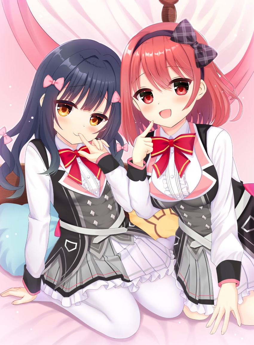 2girls :d arm_at_side arm_support black_bow black_hairband blush bow breasts brown_eyes center_frills closed_mouth commentary_request eyes_visible_through_hair feet_out_of_frame finger_to_mouth frilled_skirt frills full_body hair_between_eyes hair_bow hair_intakes hairband hamidashi_creative hand_up highres iida_iina impossible_clothes index_finger_raised kanda_kanna large_breasts long_hair long_sleeves looking_at_viewer medium_hair multiple_girls nanatsu_(na_na_tsu) open_mouth pantyhose partial_commentary pink_bow pleated_skirt red_bow red_eyes redhead school_uniform shirt skirt small_breasts smile white_pantyhose white_shirt
