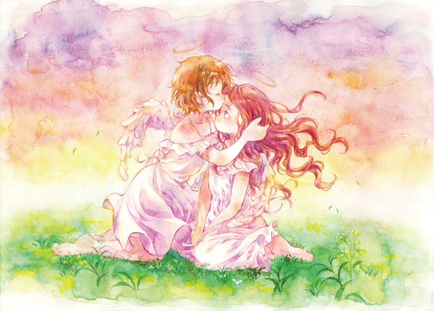 2girls angel bare_shoulders barefoot blue_eyes brown_hair closed_eyes closed_mouth collarbone dress falling_leaves feathered_wings grass halo hand_on_another's_head hand_up kiss kissing_forehead leaf long_hair looking_at_another moekon multicolored_sky multiple_girls original outdoors painting_(medium) plant profile purple_dress redhead short_hair sky strapless strapless_dress traditional_media two-tone_dress watercolor_(medium) white_dress white_wings wings yuri