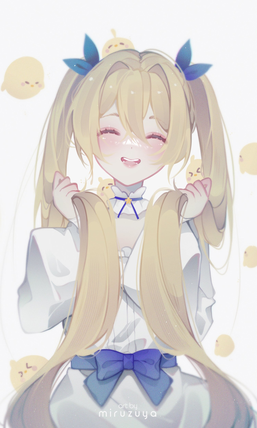 &gt;_&lt; 1girl :d absurdres artist_name bird blonde_hair blush bow closed_eyes commentary dokibird_(vtuber) dress dress_bow facing_viewer hair_between_eyes hair_ribbon highres holding holding_hair indie_virtual_youtuber long_hair long_sleeves miru_(miruzuya) open_mouth puffy_sleeves ribbon simple_background smile solo teeth tongue twintails very_long_hair virtual_youtuber white_background white_dress