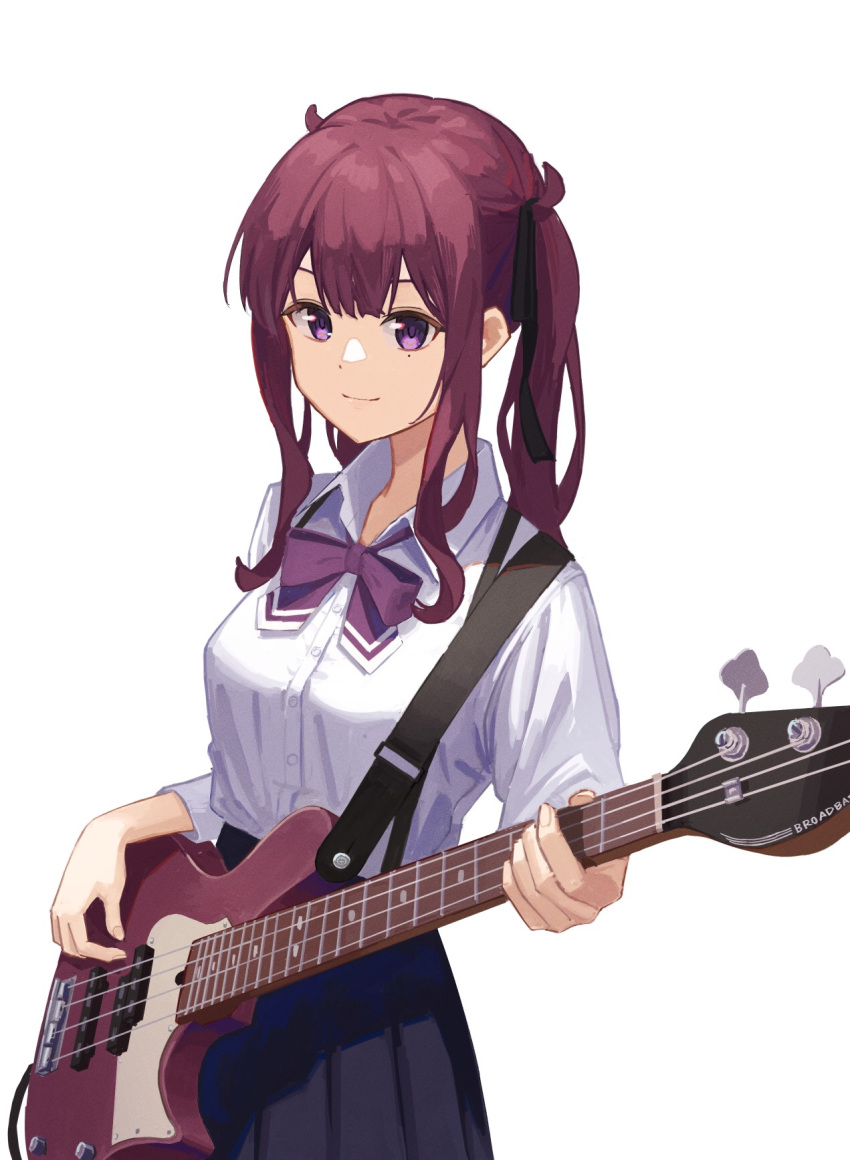 1girl bass_guitar black_ribbon black_skirt bow bowtie breasts buttons cevio closed_mouth collared_shirt cowboy_shot dot_nose foreshortening hair_ribbon highres holding holding_instrument instrument large_breasts light_smile long_hair looking_at_viewer minatsuki_(m1natsuk1) mole mole_under_eye natsuki_karin pleated_skirt purple_bow purple_bowtie purple_hair ribbon school_uniform shirt sidelocks simple_background skirt solo strap synthesizer_v violet_eyes white_background white_shirt