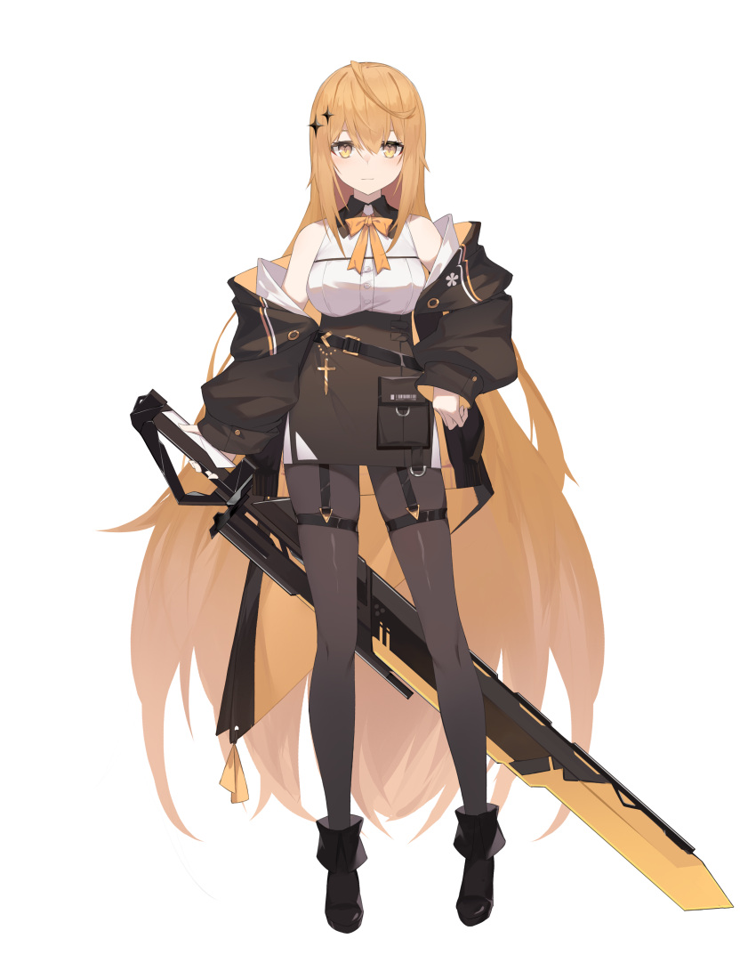 1girl absurdres azumi_(8809464) belt black_footwear black_jacket black_pantyhose black_skirt blonde_hair boots breasts closed_mouth cross fanny_pack full_body garter_straps gold highres holding holding_sword holding_weapon jacket jewelry large_breasts long_hair long_sleeves looking_at_viewer medium_breasts original pantyhose skirt sleeves_past_wrists solo sparkle_hair_ornament standing straight-on sword tachi-e very_long_hair weapon wide_sleeves yellow_eyes
