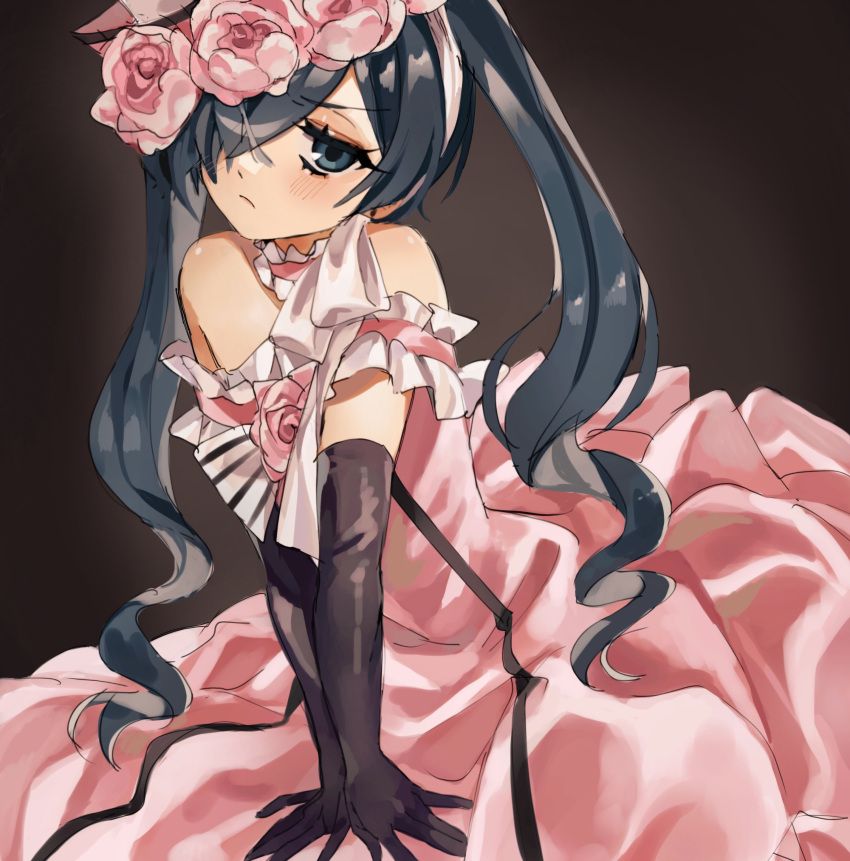 1boy absurdres bare_shoulders black_gloves blue_eyes blue_hair brown_background choker ciel_phantomhive closed_mouth commentary crossdressing dark_blue_hair dress elbow_gloves flower frilled_choker frilled_dress frills gloves hair_over_one_eye hat hat_flower highres kuroshitsuji light_blush long_dress looking_at_viewer male_focus otoko_no_ko pink_choker pink_dress pink_flower pink_headwear solo symbol-only_commentary twintails upper_body wormy_owo