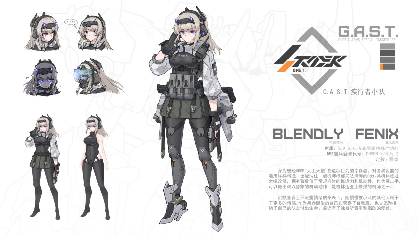 1girl absurdres blonde_hair blue_eyes breasts commentary_request english_text expressions fingerless_gloves gloves glowing glowing_eyes gun handgun harness headset high_heels highres holding holding_gun holding_weapon large_breasts looking_at_viewer medium_hair original reference_sheet respirator science_fiction sherman_(egnk2525) snap-fit_buckle standing translation_request weapon