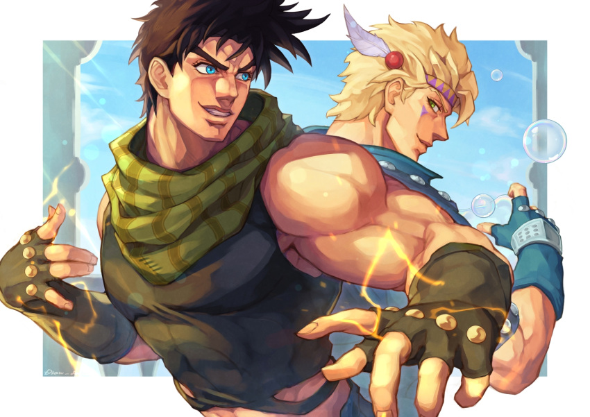 2boys artist_name battle_tendency biceps blonde_hair blue_eyes blue_gloves blue_jacket border brown_hair bubble caesar_anthonio_zeppeli closed_mouth commentary_request cropped_shirt electricity facial_mark feather_hair_ornament feathers fingerless_gloves foreshortening gloves green_eyes green_scarf green_shirt hair_ornament hamon headband highres jacket jojo_no_kimyou_na_bouken joseph_joestar joseph_joestar_(young) looking_to_the_side male_focus multiple_boys muscular muscular_male outside_border parted_lips profile scarf shikabane_(draw_tadao14) shirt short_hair sideways_glance sleeveless sleeveless_shirt smile striped_clothes striped_scarf teeth triangle_print turning_head upper_body v-shaped_eyebrows vertical-striped_clothes vertical-striped_scarf white_border