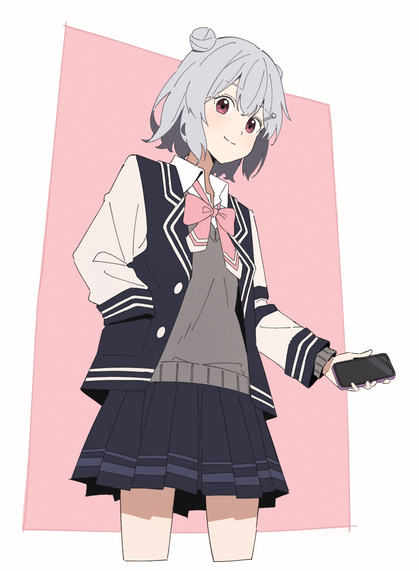1girl black_skirt black_vest bow bowtie buttons cellphone cevio closed_mouth cropped_legs double_bun grey_hair grey_sweater hair_bun hair_ornament hairclip hand_in_pocket highres holding holding_phone koharu_rikka long_sleeves looking_at_viewer minatsuki_(m1natsuk1) outside_border phone pink_background pink_bow pink_bowtie pleated_skirt red_eyes school_uniform shirt short_hair sidelocks simple_background skirt smile solo sweater synthesizer_v thighs vest white_background white_shirt