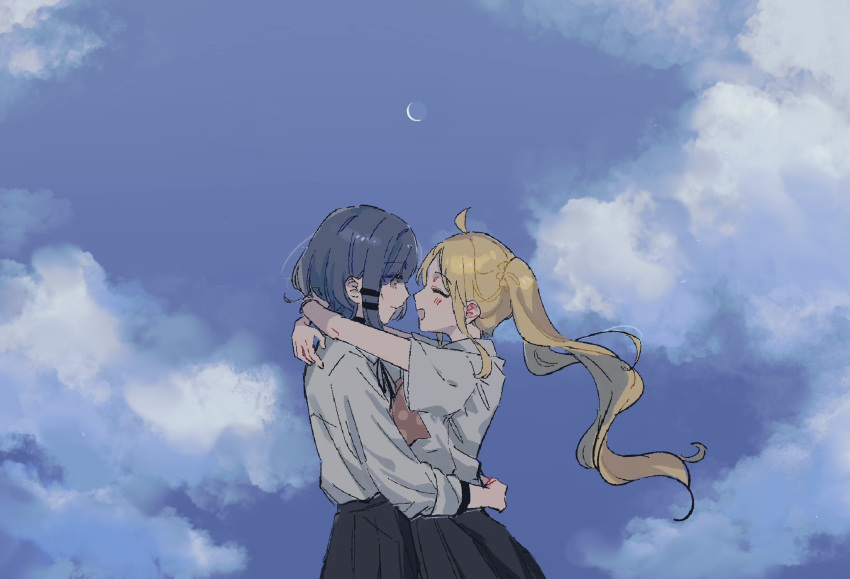 2girls ahoge arms_around_neck black_skirt blonde_hair blue_hair blue_sky blush bocchi_the_rock! bow bowtie closed_eyes closed_mouth clouds enu_(brandnewday02) face-to-face facing_another grey_shirt hair_ornament hairclip highres hug ijichi_nijika long_hair long_sleeves looking_at_another moon multiple_girls mutual_hug neck_ribbon open_mouth outdoors ribbon school_uniform shirt shirt_tucked_in short_hair short_sleeves side_ponytail skirt sky smile upper_body yamada_ryo yuri