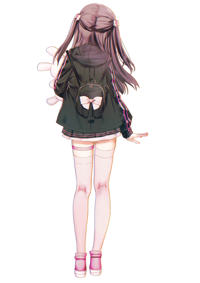 1girl arm_at_side backpack bag black_bag black_jacket black_skirt bow brown_hair commentary from_behind full_body hair_bow highres holding holding_stuffed_toy hood hood_down hooded_jacket jacket jirai_kei long_hair miniskirt natsuoto_rito original pink_footwear pleated_skirt purple_thighhighs simple_background skirt sleeves_past_wrists standing stuffed_animal stuffed_rabbit stuffed_toy tachi-e thigh-highs two_side_up white_background white_bow zettai_ryouiki