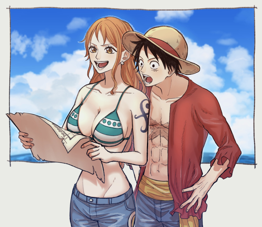 1boy 1girl arm_tattoo bikini bikini_top_only black_eyes black_hair clouds cloudy_sky commentary_request earrings hat highres holding holding_map hurumori jewelry long_hair map monkey_d._luffy nami_(one_piece) one_piece open_clothes open_mouth orange_hair outdoors red_shirt scar scar_on_cheek scar_on_chest scar_on_face shirt short_hair sky smile standing straw_hat swimsuit tattoo teeth