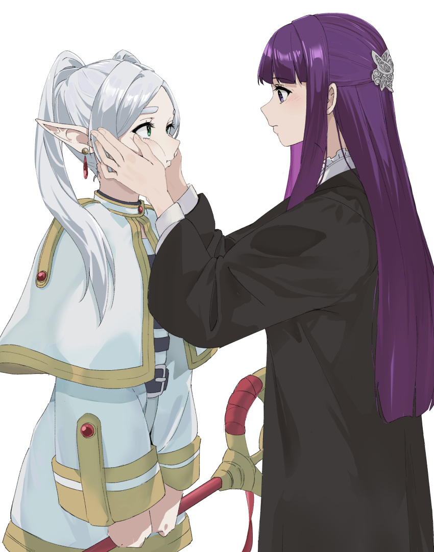 2girls absurdres bad_hands belt black_robe blue_eyes capelet earrings eye_contact fern_(sousou_no_frieren) frieren hair_ornament hands_on_another's_cheeks hands_on_another's_face highres holding holding_staff jewelry long_hair long_sleeves looking_at_another multiple_girls purple_hair qto_toto robe simple_background sousou_no_frieren staff standing thick_eyebrows twintails very_long_hair violet_eyes white_background white_capelet