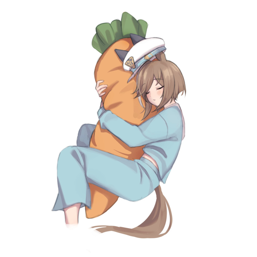 1girl animal_ears blue_pants blue_shirt blush body_pillow brown_hair cheval_grand_(umamusume) closed_eyes cropped_legs hat highres horse_ears horse_girl horse_tail hugging_object katuko_deluxe long_sleeves pajamas pants parted_lips pillow pillow_hug shirt short_hair simple_background solo tail umamusume white_background white_headwear