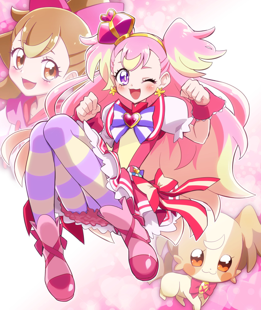 3girls :d ;d absurdres blonde_hair blush bow brooch brown_eyes brown_hair crown cure_wonderful dog dot_nose dress dress_bow full_body hair_bow hairband heart heart_background heart_brooch highres hood hoodie inukai_komugi inukai_komugi_(dog) jewelry legs_together long_hair looking_at_viewer mini_crown multicolored_bow multicolored_hair multicolored_pantyhose multiple_girls multiple_persona one_eye_closed open_mouth pantyhose papillon_(dog) petticoat pink_background pink_bow pink_dress pink_footwear pink_hair pink_hoodie pink_wrist_cuffs pouch precure puffy_sleeves purple_bow shoes short_dress smile streaked_hair striped_bow striped_clothes striped_pantyhose tilted_headwear two-tone_hair two_side_up usoco violet_eyes wonderful_precure! wrist_cuffs yellow_hairband