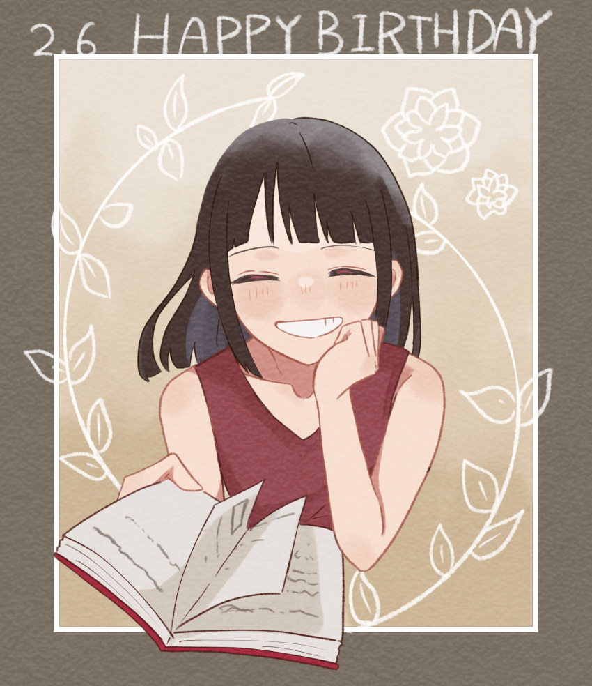 1girl ^_^ bare_shoulders birthday black_hair blunt_bangs blunt_ends blush bob_cut book child closed_eyes commentary dress flower grin hand_on_own_chin happy_birthday highres holding holding_book nico_robin one_piece paper_texture purple_dress rectangle sa_wint short_hair sidelocks sleeveless sleeveless_dress smile solo upper_body