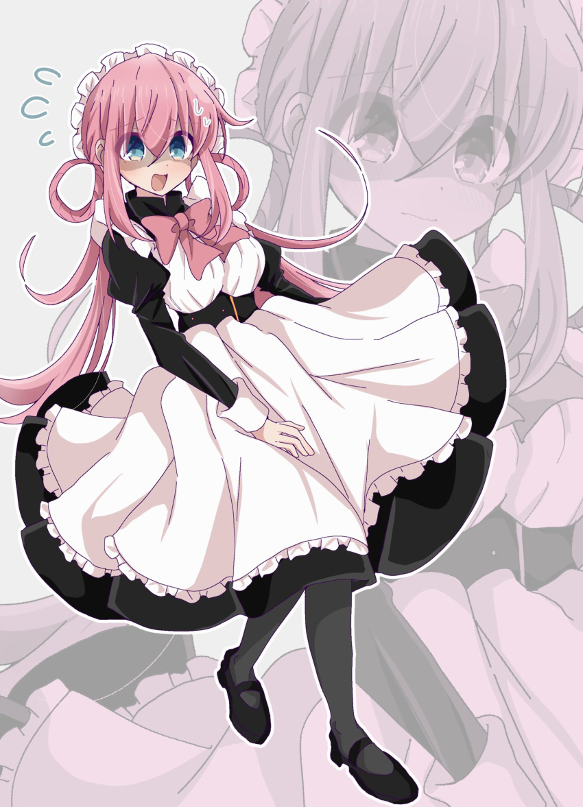 1girl alternate_hairstyle apron black_dress black_footwear black_thighhighs blue_eyes blush bocchi_the_rock! bow breasts closed_mouth dress gotoh_hitori hair_between_eyes hair_rings highres large_breasts long_dress long_hair low_twintails maid maid_apron maid_headdress nervous nervous_smile nervous_sweating open_mouth outline pink_bow pink_hair shaded_face sidelocks smile solo sweat thigh-highs torikoboshi twintails white_background white_outline zoom_layer