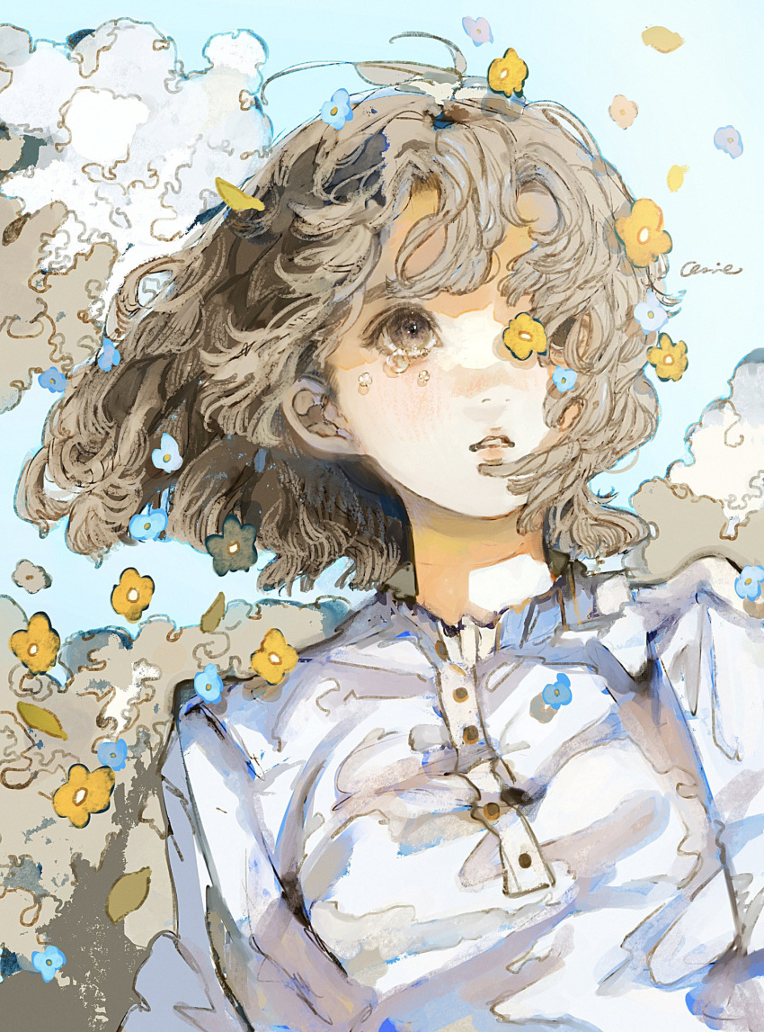 1girl blue_flower breasts brown_eyes brown_hair buttons clouds day flower hair_over_one_eye highres medium_hair orie_h original outdoors parted_lips shirt signature small_breasts solo tears upper_body white_shirt wind yellow_flower