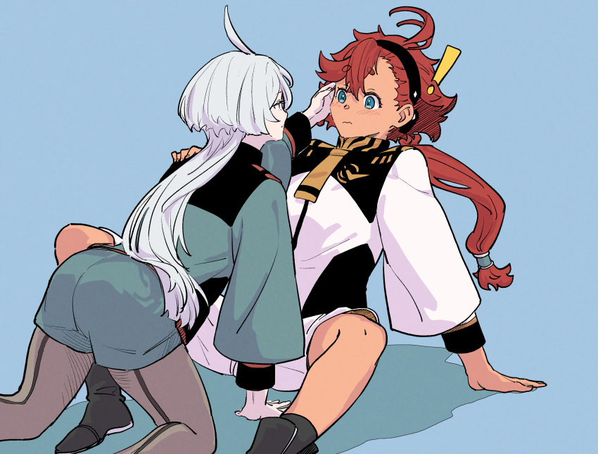 ! 2girls absurdres ahoge arm_support black_footwear black_hairband black_pantyhose blue_background blue_eyes blush boots closed_mouth commentary eye_contact green_jacket green_shorts gundam gundam_suisei_no_majo hairband hand_on_another's_face highres jacket joker_(jjjokerrr233) long_hair long_sleeves looking_at_another miorine_rembran multiple_girls necktie pantyhose ponytail redhead shadow shorts simple_background suletta_mercury white_hair white_jacket white_shorts yellow_necktie yuri