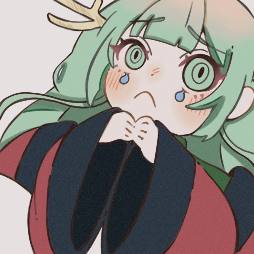1girl blunt_bangs blush closed_mouth crying crying_with_eyes_open dragon_girl dragon_horns frown furrowed_brow green_eyes green_hair hands_up hanten_(clothes) highres horns long_hair long_sleeves looking_up natsu_meku own_hands_together raised_eyebrows ringed_eyes sad slit_pupils solo tears voisona yumemiru_uroko_(voisona)