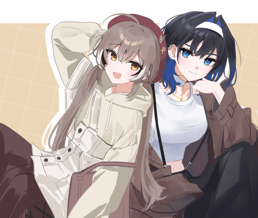2girls :d absurdres alternate_costume arm_behind_head bag beret black_bag black_hair black_pants blue_hair brown_bag brown_coat brown_eyes brown_hair brown_skirt casual choker coat colored_inner_hair crop_top earrings feathers hair_intakes hairband handbag hat highres hololive hololive_english jacket jewelry looking_at_viewer multicolored_hair multiple_girls nanashi_mumei open_clothes open_coat ouro_kronii pants pleated_skirt shirt shoulder_bag simple_background sitting skirt smile streaked_hair virtual_youtuber white_choker white_hairband white_jacket white_shirt xx_tk9
