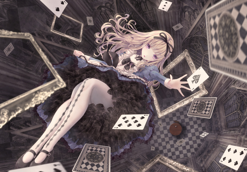 1girl alice_(alice_in_wonderland) alice_in_wonderland architecture black_bow black_footwear blonde_hair blue_dress bow card commentary_request dress dutch_angle falling floating_hair from_above full_body gothic_architecture gothic_lolita highres indoors juliet_sleeves lolita_fashion long_hair long_sleeves looking_at_viewer mary_janes missile228 outstretched_arm pantyhose perspective petticoat picture_frame playing_card puffy_sleeves shoes solo violet_eyes white_pantyhose