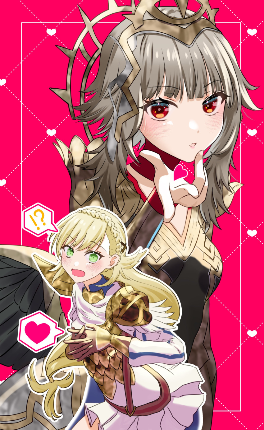 !? 2girls absurdres alternate_costume armor blonde_hair braid cape crown crown_braid feather_trim fire_emblem fire_emblem_heroes green_eyes grey_hair heart highres mu_tu_bu multiple_girls official_alternate_hairstyle red_eyes scale_armor sharena_(fire_emblem) spoken_heart spoken_interrobang veronica_(fire_emblem) veronica_(princess_rising)_(fire_emblem)